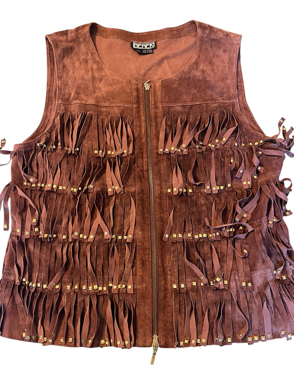 Vintage Leather Fringe Vest Studded Western Coastal Cowgirl Country Concert XL - Picture 2 of 7